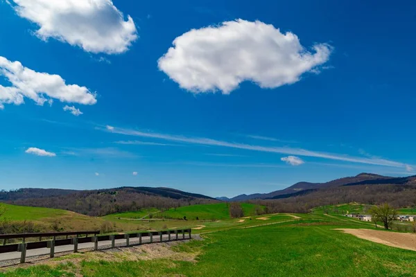 Une Vue Panoramique Une Route Dans Champ Verdoyant Contre Les — Photo