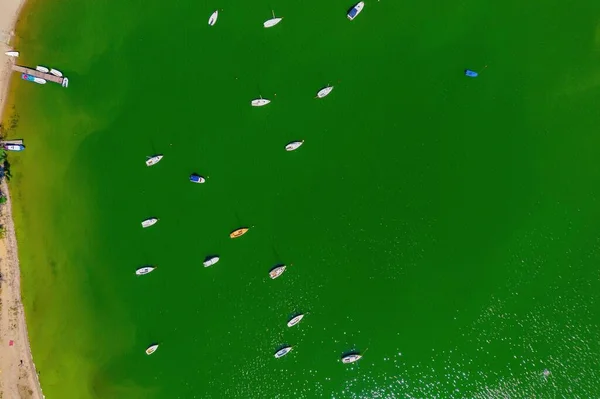 ポーランド ボルツニエフの海岸近くの緑の海に散在するボートの空中ビュー — ストック写真