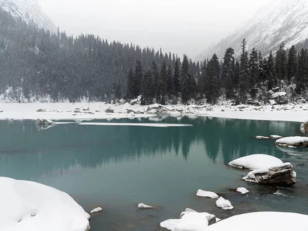Vista Panoramica Lago Circondato Alberi Una Giornata Nebbiosa Inverno Tibet — Foto Stock
