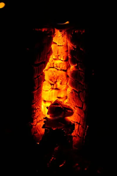 Vertical Closeup Wood Burning Fireplace — Stock Photo, Image