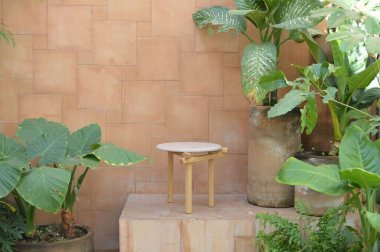 Yeşil bitkilerle çevrili modern yuvarlak bir kahve masası..