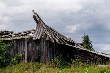 Yeşil bitki örtüsüyle çevrili eski bir ahşap kulübe..