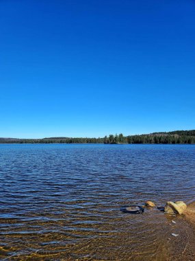 Kanada 'daki Ontario Gölü' nün güzel manzarası açık mavi gökyüzüne karşı dikey