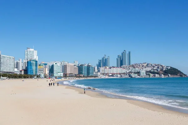 Uma Vista Praia Arenosa Haeundae Com Visitantes Busan Coreia Sul — Fotografia de Stock