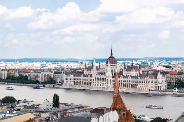 Légi Kilátás Budapesti Városképre Parlament Épületével Dunával — Stock Fotó