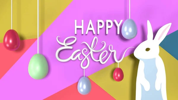 A 3D illustration of Easter background with a bunny and colorful hanging Easter eggs