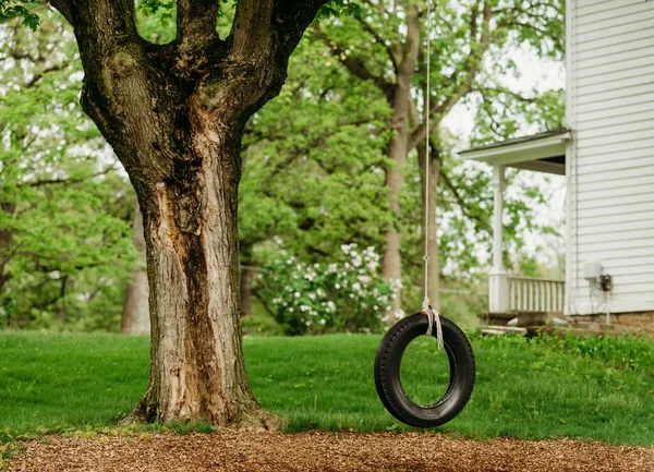 Beautiful View Swing Tire Rope Large White House Green Area — Stock Photo, Image