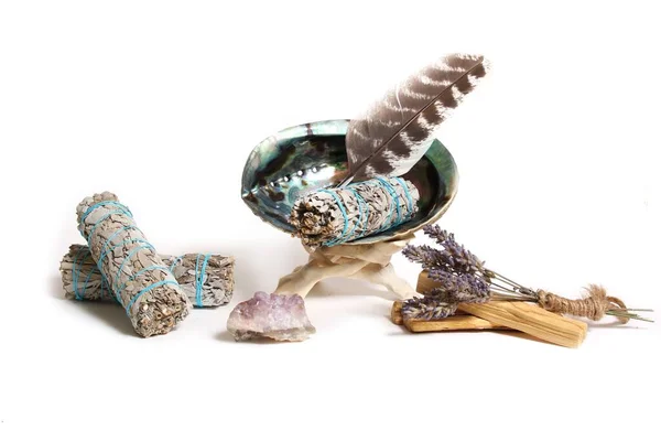Abalone Shell Sage Incense Amethyst Stone Cleansing Purification Isolated White — ストック写真