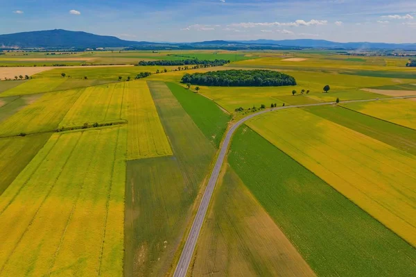 Una Vista Aérea Carretera Vastos Campos Verdes Abiertos Bajo Cielo —  Fotos de Stock