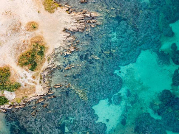 青い海と黄色の海岸線を持つビーチのトップビュー — ストック写真