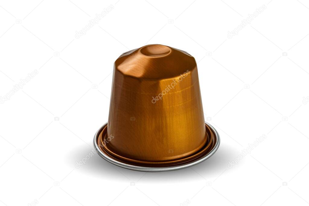 A yellow coffee capsule for machine against a white background