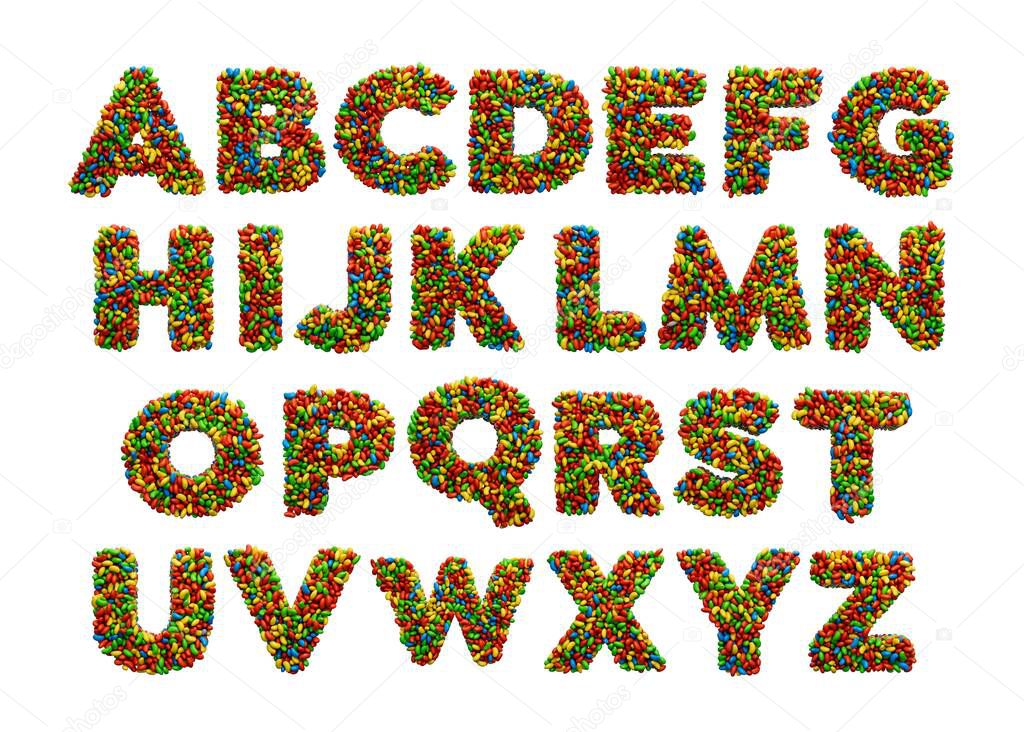 A 3D rendering of the colorful English alphabet from A to Z on a white background