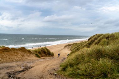 Bulutlu gökyüzünün altında yeşil tepeli güzel bir sahil manzarası