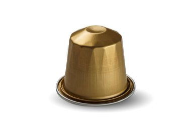 Beyaz arka planda izole edilmiş 3 boyutlu kahve kapsülü.