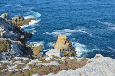 Gün ışığında suyla çevrili kayalık bir plaj manzarası.