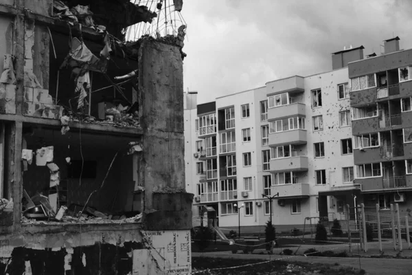 Een Grijze Schaal Van Oorlogszone Stad Kiev Oekraïne Tijdens Russische — Stockfoto