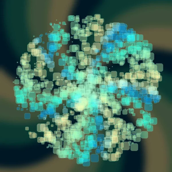概要コンフェッティ丸みを帯びた正方形の斑点の爆発で輝く多くの正方形の球の幾何学的球 — ストック写真