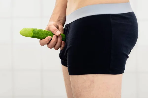 Symbol Male Penis Hold Hand Front Shorts Visualize Average Phallus — Foto de Stock