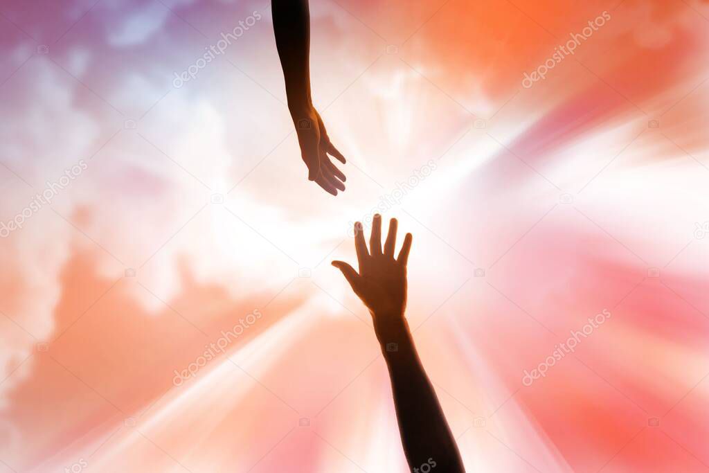 A religious arm of human held up high in the sky to ask for rescue and forgiveness of God