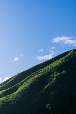 Açık gökyüzü arka planında kırsal bir alanda yeşil dağlık bir arazinin güzel manzarası.