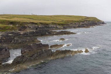 Birleşik Krallık, İrlanda ve İrlanda 'da deniz kenarında kayalık ve yeşil bir sahilin güzel manzarası