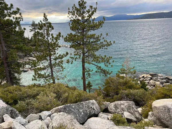 Pemandangan Indah Danau Tahoe Dari Pohon Hijau Cali — Stok Foto