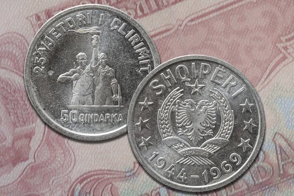 Primer Plano Moneda Albanesa Qindarka Lek Ambos Lados Anverso Reverso —  Fotos de Stock