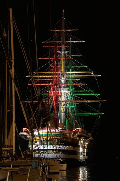 Vertical Shot Amerigo Vespucci Vessel Night Gulf Trieste Italy — Stock Photo, Image