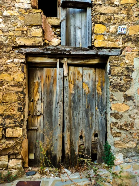 Antica Casa Porta Legno Con Muro Pietra Vecchia Casa Spagna — Foto Stock