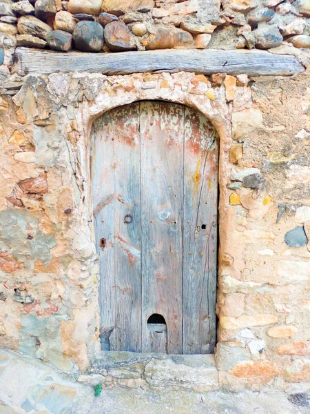 Ancient Wood Door House Stone Wall Old House Spain — Stock Photo, Image