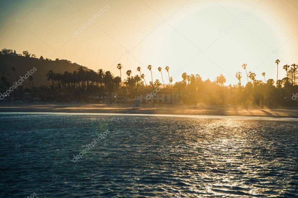A scenic view of a beach with palm trees in Santa Barbara, California at bright sunset