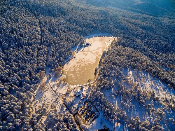 Madártávlatból Látni Téli Erdőt Naplementekor — Stock Fotó