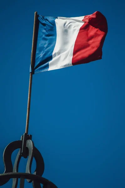 Vertical Closeup Shot Flag Country France Waving Blue Sky — Stock Photo, Image