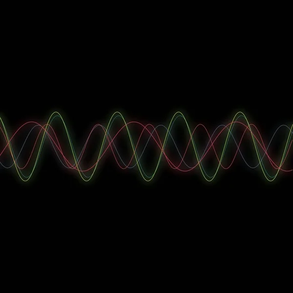 多色半色调多峰重叠波浪形线与流畅多彩的动态乐声脉冲波束在明亮的频谱上 — 图库照片