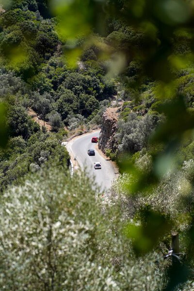 A vertical shallow focus of cars driving on the highway in the countryside