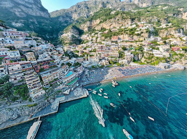 An aerial view of the cliffside village of Positano on southern Italy's Amalfi Coast