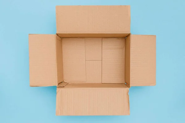Top View Blank Open Cardboard Box Isolated Blue Background — Stock Photo, Image