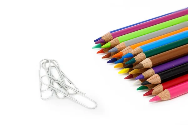 Colorful Pencils Paper Clips Isolated White Background — Stock Photo, Image
