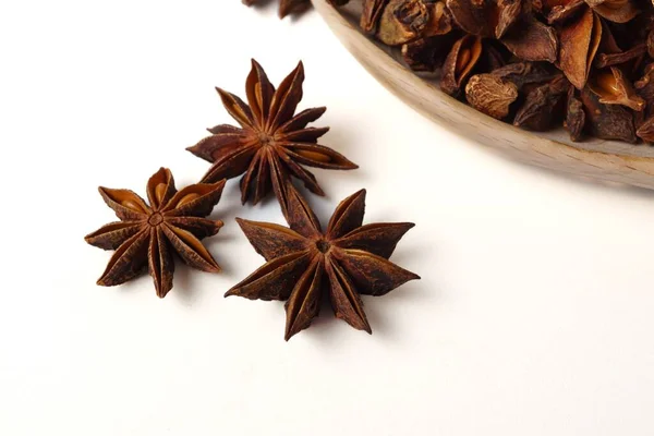 Close Star Anise Illicium Verum Wooden Spoon Isolated White Background — Stock Photo, Image