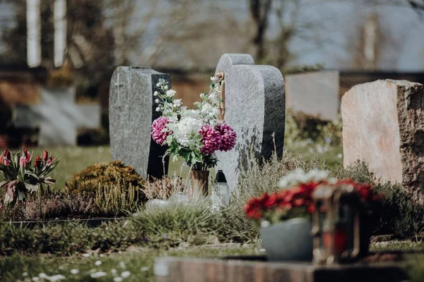 坟场上开着花的墓碑 — 图库照片