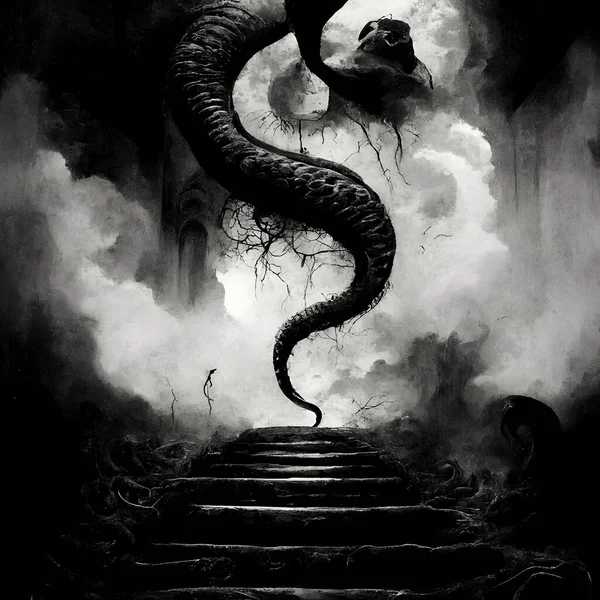 Eine Düstere Unheimliche Graustufenillustration Eines Drachenförmigen Monsters Mit Schuppen Über — Stockfoto