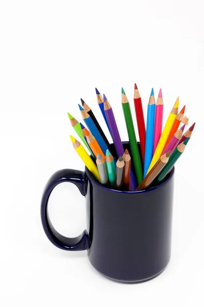 Vertical Shot Colorful Pencils Mug Isolated White Backgorund — Stock Photo, Image