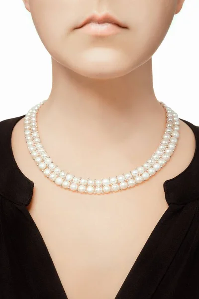 Vertical Shot Expensive White Pearls Necklace Hanging Female Decollete — Stock Photo, Image