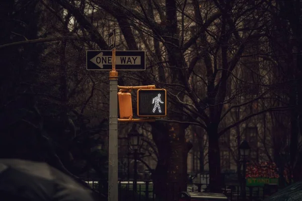 Cartel Calle Que Muestra Camino Semáforo Que Muestra Hombre Verde — Foto de Stock