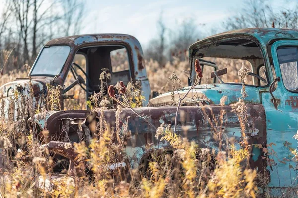 Nahaufnahme Zweier Alter Blauer Oldtimer Die Auf Einer Wiese Liegen — Stockfoto