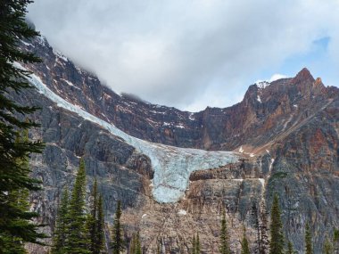 Etrafında köknar ağaçları ve gri gökyüzü olan kar ve buzla kaplı kayalık bir uçurumun güzel manzarası.