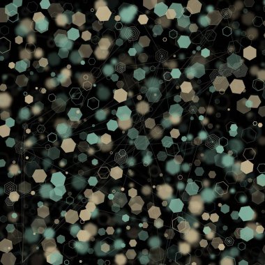 Soyut ışık noktalarının tasviri ve bokeh noktası gibi bulanık arkaplan arkaplanı Hex siyah arkaplanda birbirine bağlı çizgilere sahip parçacıkları şekillendirir