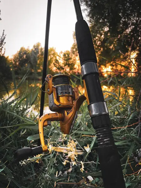 Gros Plan Vertical Une Bobine Filage Dorée Une Canne Pêche — Photo