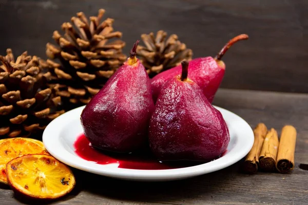 Plate Pears Red Wine Cinnamon Orange — Stock Photo, Image