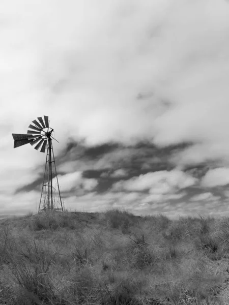 曇った空に対して牧草地でアメリカ式風車の垂直グレースケールショット — ストック写真